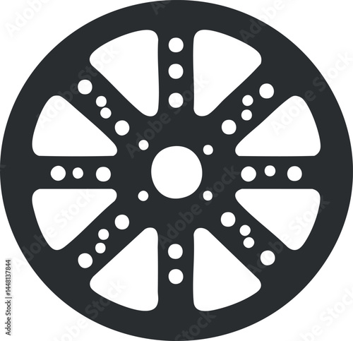 Black silhouette icon of a car wheel rim with multiple spokes and circular holes design