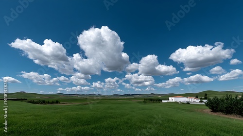 Sunny Andalusian Countryside Lush Green Fields  Puffy Clouds.