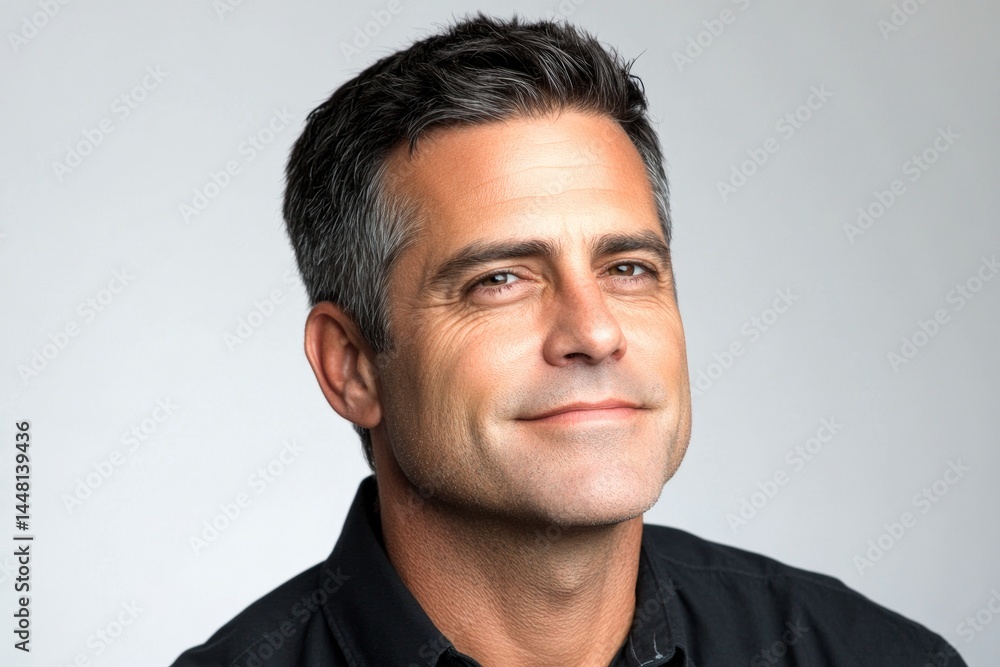 Trendy men's crew cut haircut - midlife white man with black hair. A charismatic male posing naturally in a studio. Pure white solid background. Conceptual art of style for aging men.