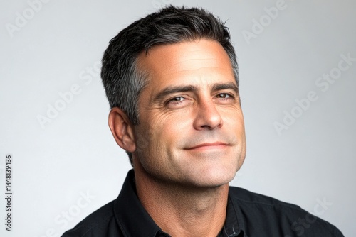 Obraz na płótnie Trendy men's crew cut haircut - midlife white man with black hair. A charismatic male posing naturally in a studio. Pure white solid background. Conceptual art of style for aging men. w salonie