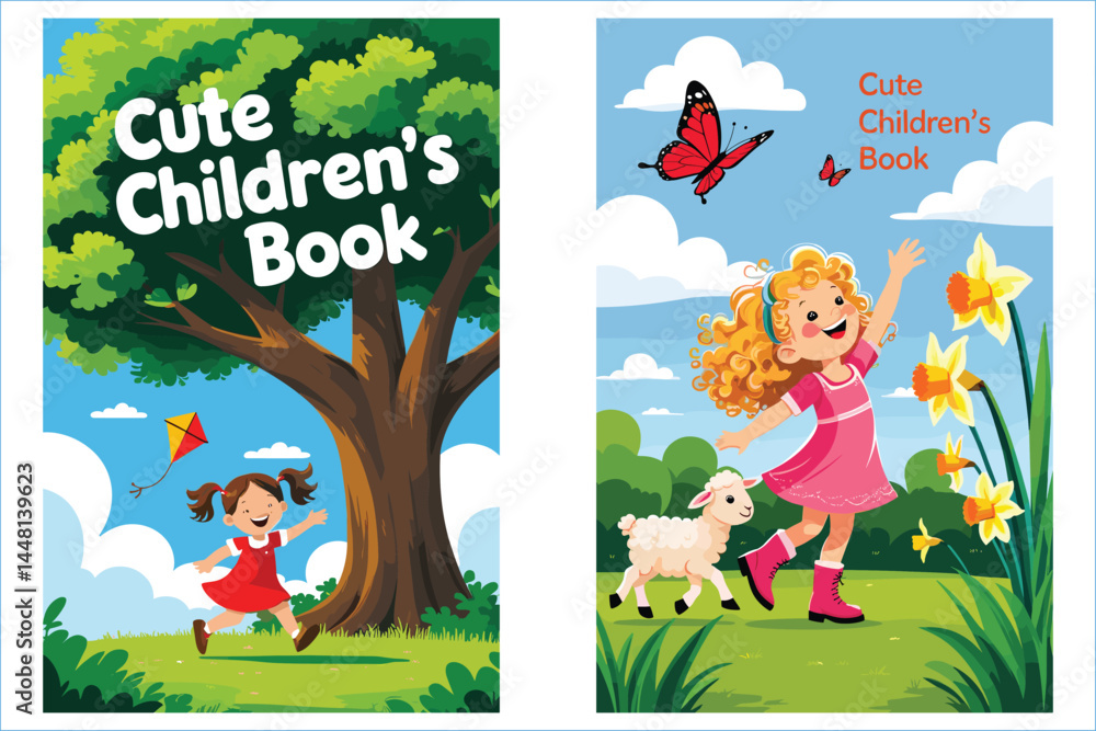Fototapeta premium Cute Childrens Book Cover Illustration Girl With Kite Butterfly And Sheep