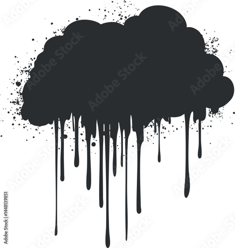 Black dripping paint cloud silhouette with splattered ink spots on white background