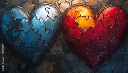 Two puzzle hearts, blue and red, symbolize connection and love.