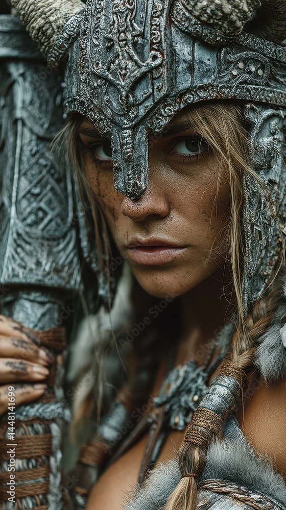 Warrior woman in intricate armor poses confidently with a battle axe, showcasing strength and determination in an outdoor setting Warrior woman in intricate armor poses confidently with a battle axe, showcasing strength and determination in an outdoor setting