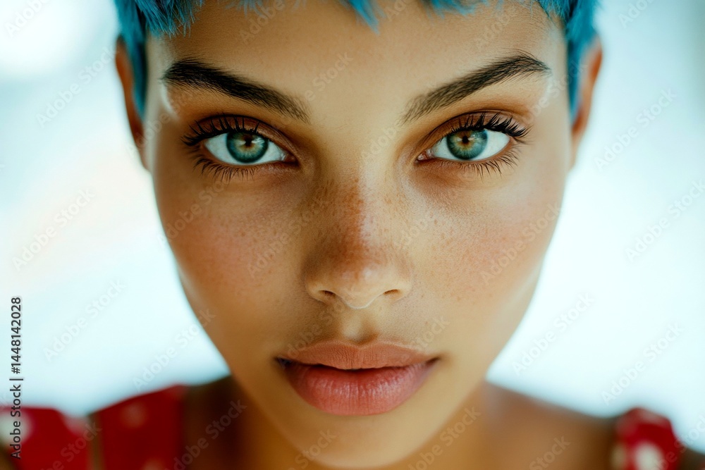 Short haircut - blue hair. Attractive calm mixed-race girl - for ads, billboard and social networks use. Commercial marketing concept art pattern. Advertising bold colors. Chic hair campaigns.