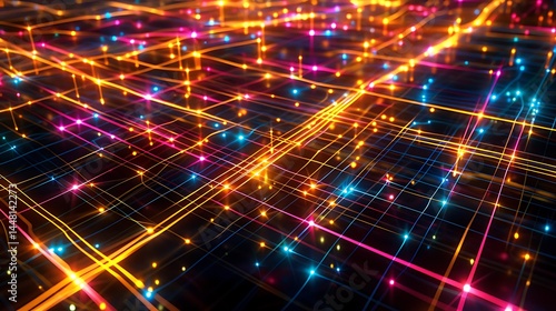 A vibrant digital network with glowing points and intersecting lines, symbolizing modern technology, data connectivity, and the flow of information in a digital world.