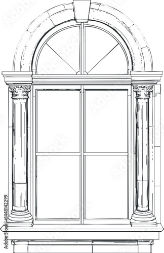 Illustration of a classical arched window with decorative columns and detailed molding on white background
