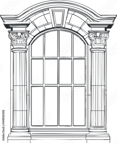 Detailed black and white illustration of a classical arched window with two decorative columns and ornate architectural elements