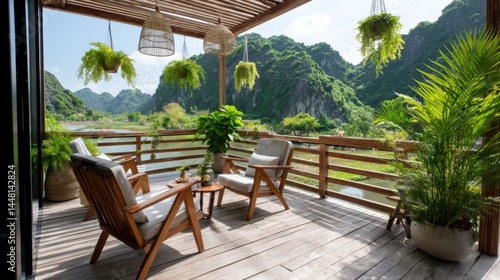 Elevated wooden terrace in Ninh Binh with low chairs  hanging plants and dramatic karst mountain landscape