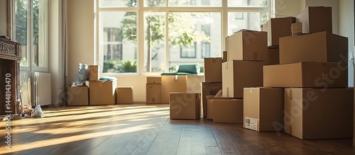 Storage room filled with cardboard boxes  large windows  brick walls  bicycle  furniture  green locker.