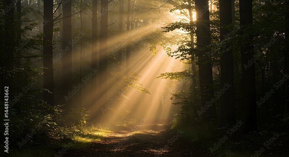 Fototapeta premium Sunlight Streaming Through Trees in Forest Path