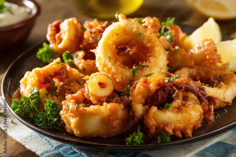 Rabas a traditional Sunday tapa of fried squid is perfect for sharing on a table Top down horizontal view Rabas a traditional Sunday tapa of fried squid is perfect for sharing on a table Top down horizontal view