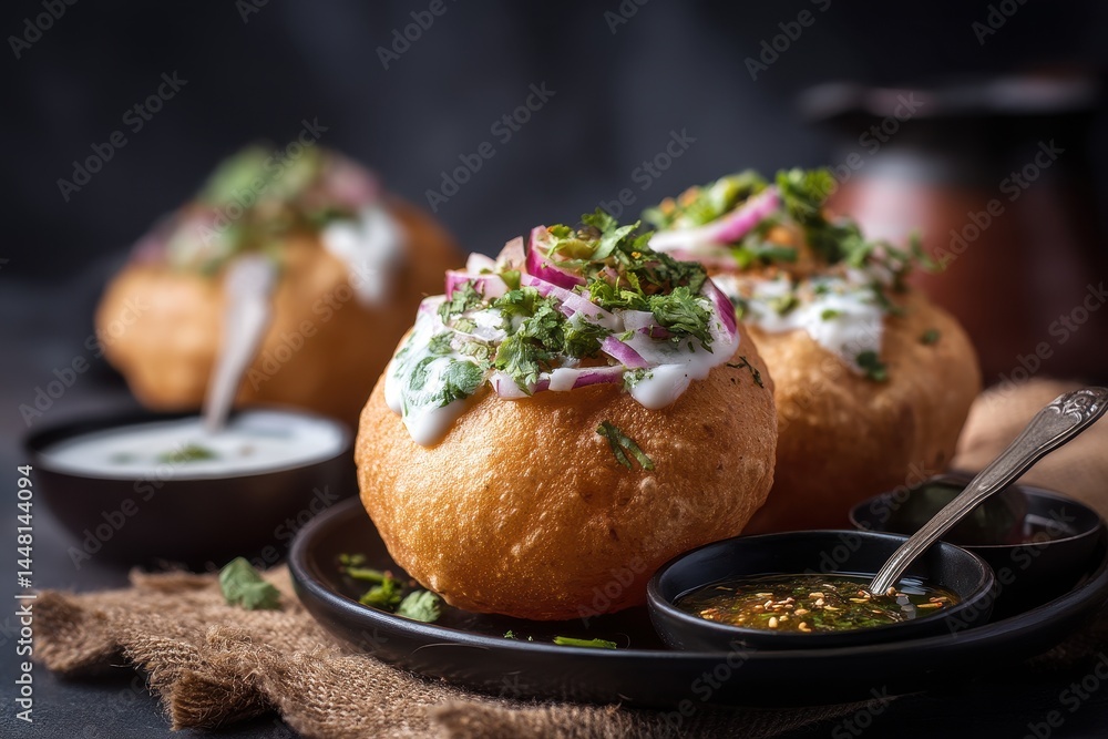 Raj Kachori accompanied by yogurt and tamarind sauce Blurred background with a focused subject Raj Kachori accompanied by yogurt and tamarind sauce Blurred background with a focused subject