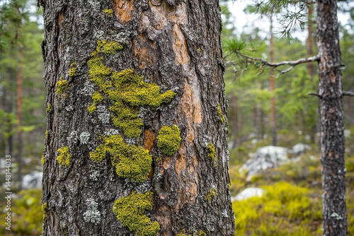 Textured tree trunk with vibrant green moss growth in a dense forest setting