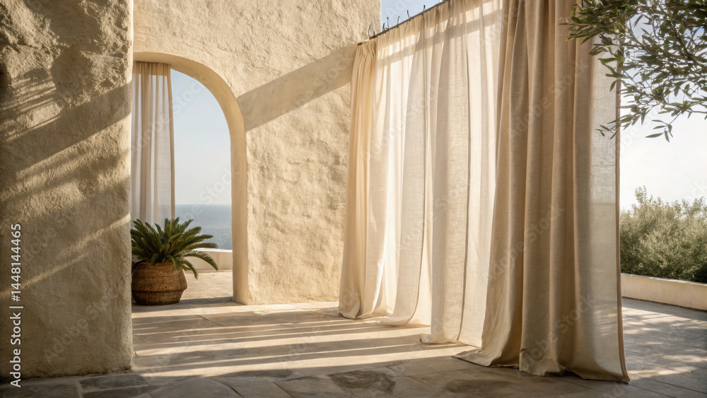 Fototapeta premium Soft beige stucco wall with soft curtain shadow creates peaceful outdoor space with arched doorway and ocean view, enhanced by natural light and potted plant