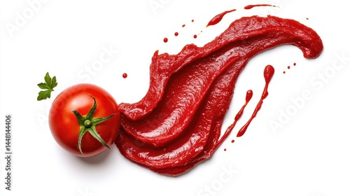 Artistic layout of tomato paste smear, thick texture and bold red tones, isolated on white