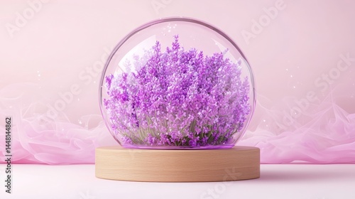 Podium lavender skincare. A glass dome encases vibrant purple lavender flowers on a wooden base, set against a soft pink background.
