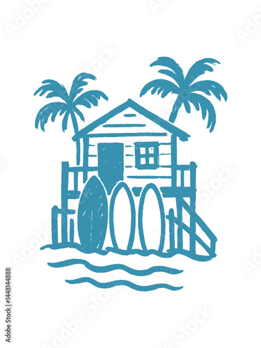 Beach hut with surfboards and palms, sketch vector illustration


