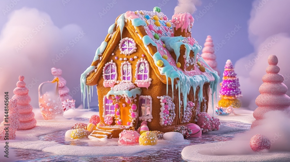 Vibrant gingerbread house with caramelized windows, frosting icicles, and candy-coated accents Vibrant gingerbread house with caramelized windows, frosting icicles, and candy-coated accents
