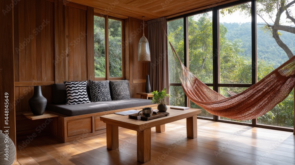 Northern Thai room with wooden walls, hanging hammock, low table and view into dense hillside forest Northern Thai room with wooden walls, hanging hammock, low table and view into dense hillside forest