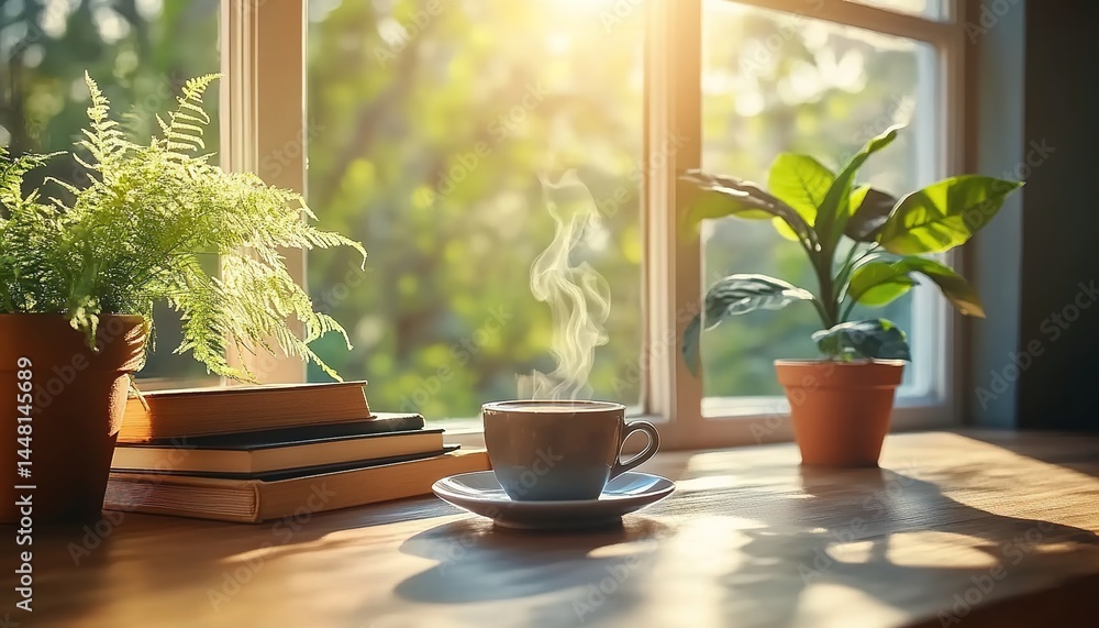 Steaming beverage cup on wooden table with potted plants and books by sunlit window. Steaming beverage cup on wooden table with potted plants and books by sunlit window.