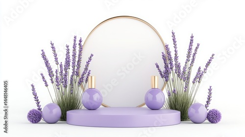 Podium lavender skincare. Elegant lavender-themed display with round mirror, perfume bottles, and floral arrangements on a pastel podium.