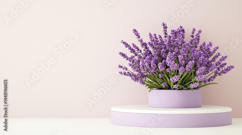 Podium lavender skincare. Decorative lavender flowers in a purple vase on a minimalist white and lavender pedestal against a soft pastel background.
