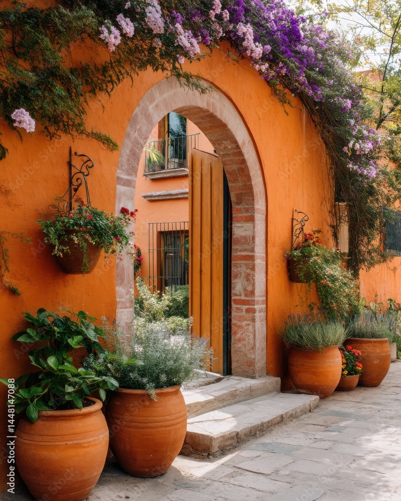 Obraz premium San Miguel garden archway with climbing flowers, terracotta herb pots and vivid colonial tones
