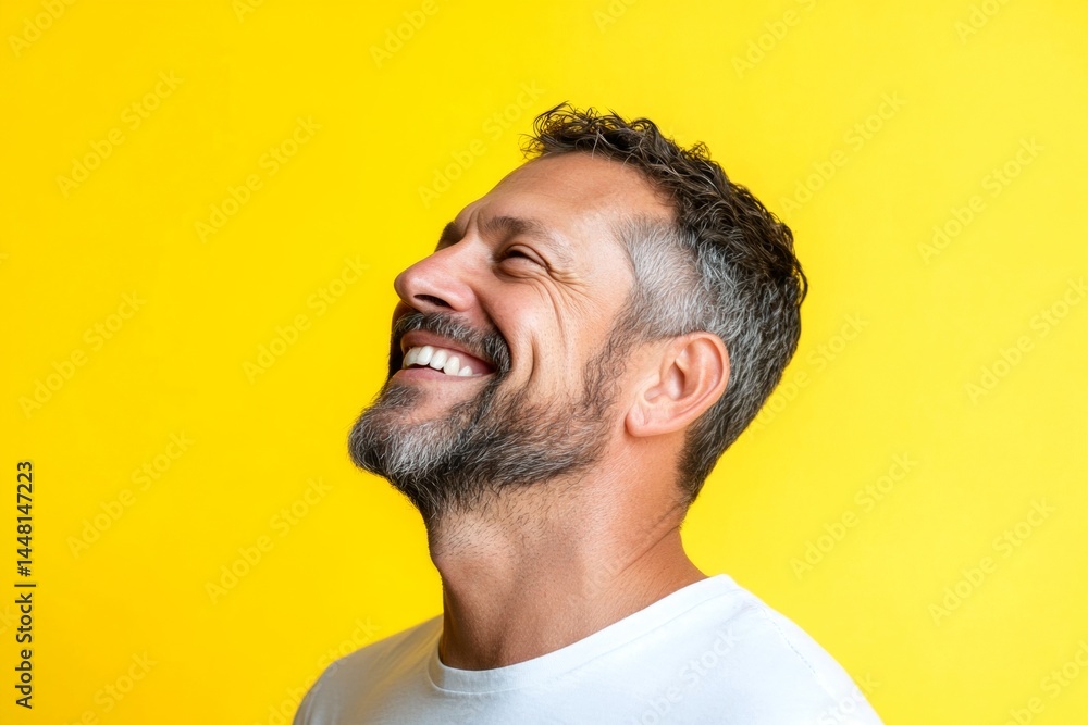 A relaxed man looking serene in his portrait. Visual idea of style for aging men. Yellow solid background. Chic men's short caesar haircut - midlife white man with hair.