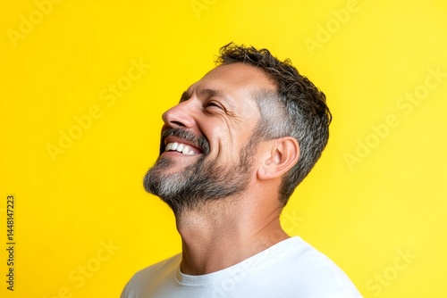 Obraz na płótnie A relaxed man looking serene in his portrait. Visual idea of style for aging men. Yellow solid background. Chic men's short caesar haircut - midlife white man with hair. w salonie