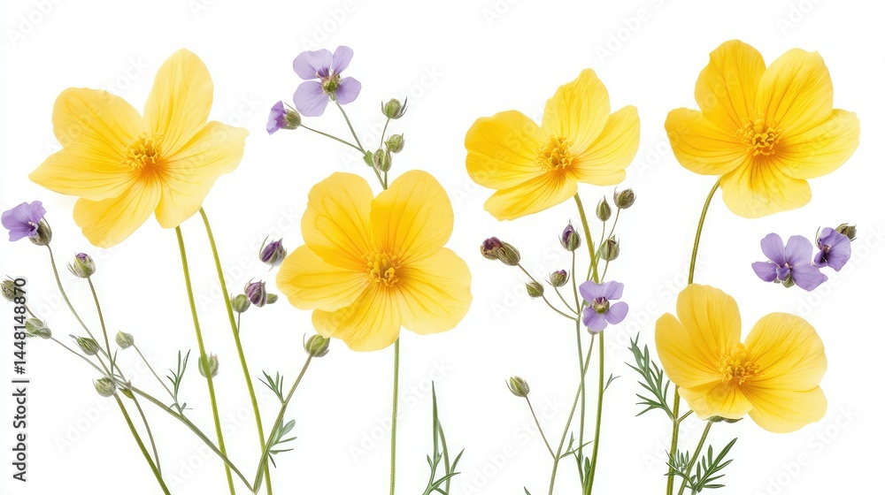 Bright buttercup blossoms with soft violet accents, isolated botanical elements on white Bright buttercup blossoms with soft violet accents, isolated botanical elements on white