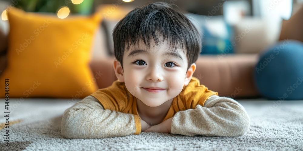 Young child smiling while lying on a rug in a cozy, colorful living room during the afternoon Young child smiling while lying on a rug in a cozy, colorful living room during the afternoon