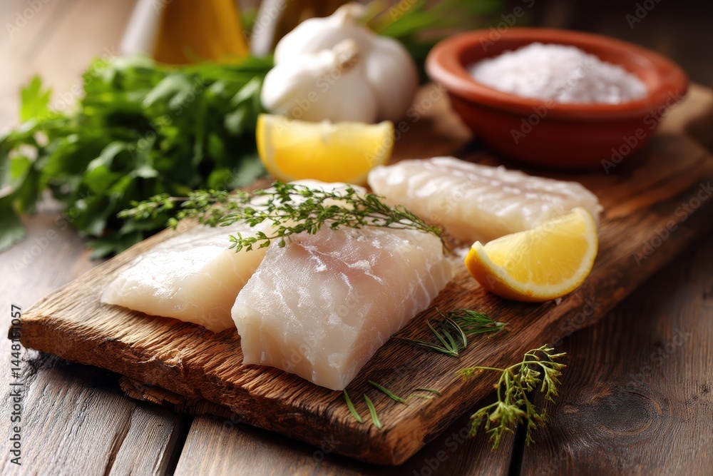 Raw cod with lemon on a cutting board atop a wood table Raw cod with lemon on a cutting board atop a wood table