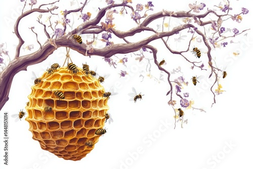 a honey hive on a tree branch and bees making honey