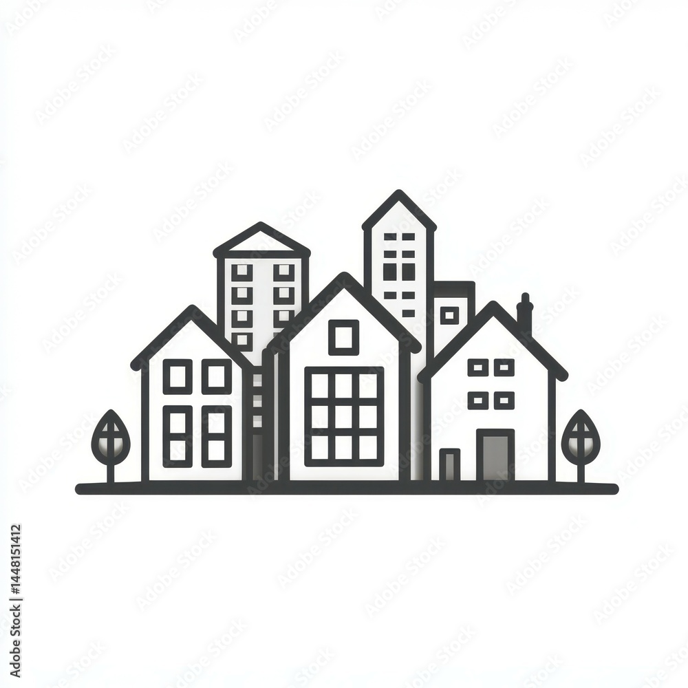 Modern urban skyline features diverse architectural styles and cozy homes against a minimalist backdrop Modern urban skyline features diverse architectural styles and cozy homes against a minimalist backdrop
