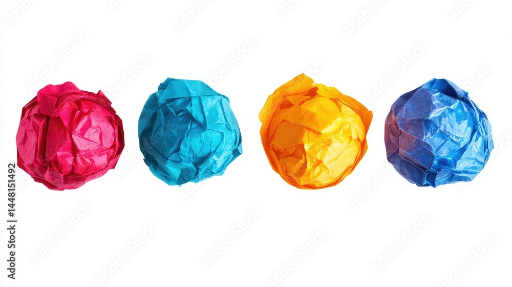 Brightly colored crumpled paper balls with distinct texture, isolated on white Brightly colored crumpled paper balls with distinct texture, isolated on white