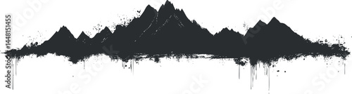 Black grunge silhouette of mountain range with peaks and rugged terrain isolated on white background