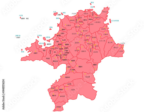 福岡県　地図　赤　斑点　イラスト