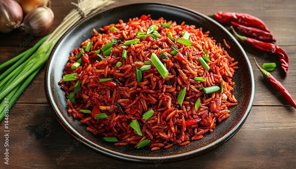 Red rice with green onions on wooden table, surrounded by chili, cilantro, and garlic. Red rice with green onions on wooden table, surrounded by chili, cilantro, and garlic.