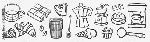 Set of coffee- and dessert-themed elements, including coffee-making tools. Croissant, coffee cups, desserts, ice cream, utensils, chocolate, cake, spoons, cup, coffee maker. Hand-drawn in a linear sty