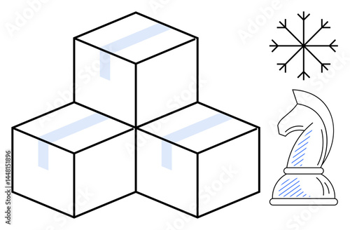 Stacked cardboard boxes with tape, a snowflake representing cold storage, and a chess knight symbolizing strategy. Ideal for logistics, storage, planning, cool chain, e-commerce, strategy supply