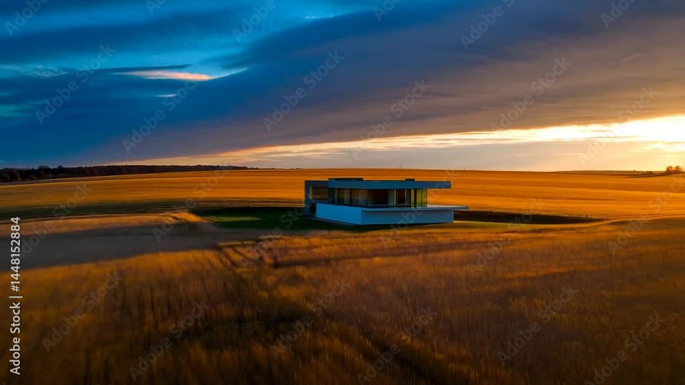 Modern house in golden field at sunset beautiful cloudscape background Modern house in golden field at sunset beautiful cloudscape background