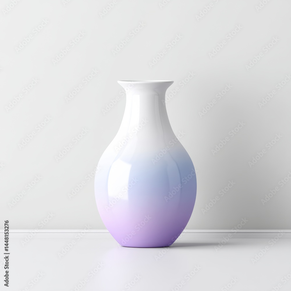 Elegant ceramic vase with a smooth gradient from white to soft purple, placed on a minimalist white surface. Elegant ceramic vase with a smooth gradient from white to soft purple, placed on a minimalist white surface.