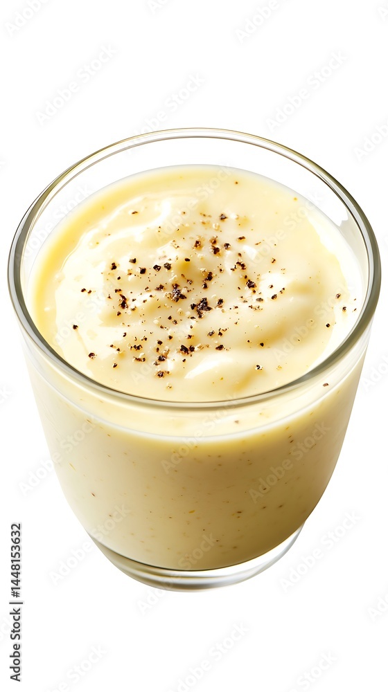 Glass of Yellow Creamy Sauce Topped with Black Pepper Isolated on White Surface