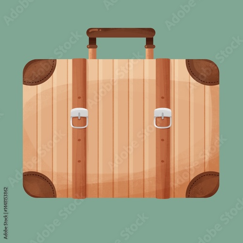 Illustration of a vintage suitcase with leather straps and a handle on a solid background. A stylized drawing symbolizing travel, vacation, and adventure. Perfect for tourism, holiday