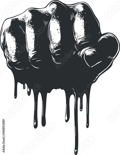 Black and white illustration of a clenched fist with dripping paint effect symbolizing strength and power