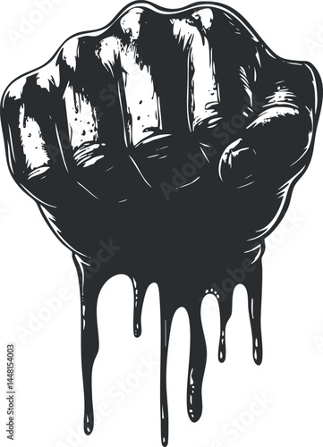 Illustration of a clenched fist with dripping liquid symbolizing strength and power in monochrome style