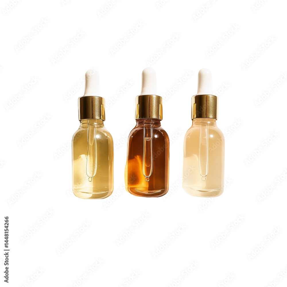 Three Glass Bottles with Droppers Filled with Golden, Amber, and Light Yellow Liquids Three Glass Bottles with Droppers Filled with Golden, Amber, and Light Yellow Liquids