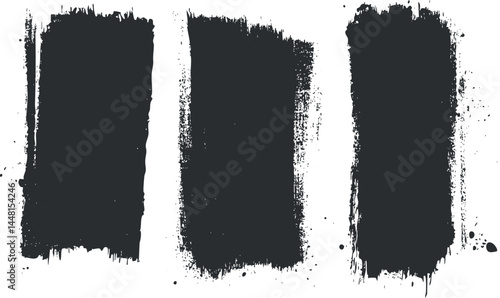 Set of three black grunge brush stroke textures with rough, distressed edges on white background
