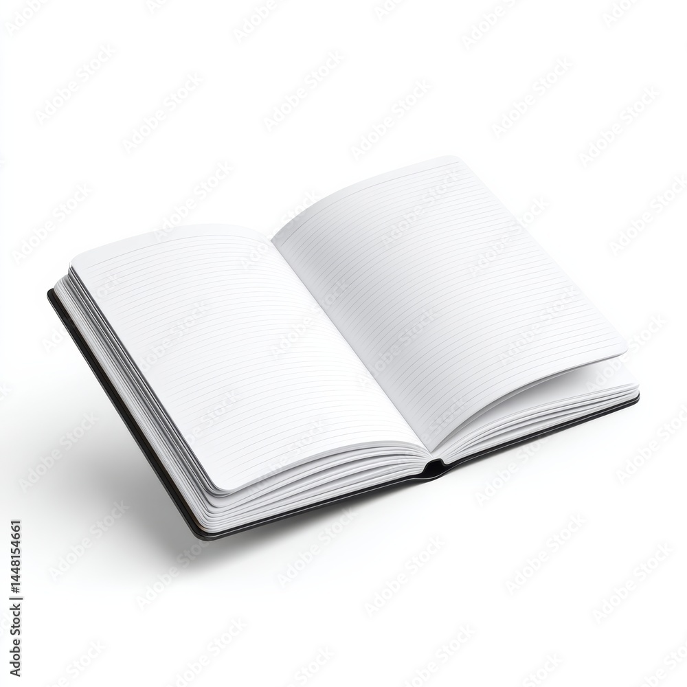 An open lined notebook with blank pages, ready for writing or drawing, on a white background. An open lined notebook with blank pages, ready for writing or drawing, on a white background.